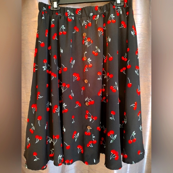 Unknown Dresses & Skirts - Cherry print skirt ROCKABILLY elastic waist black retro kitsch M L 8 10 12
